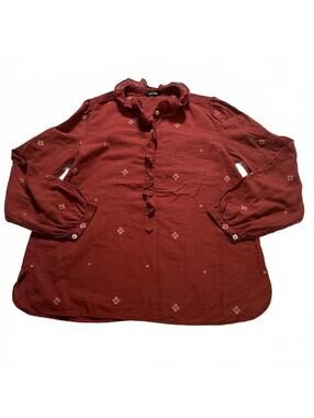 WOVEN SZ 2, Rust 1/2 Button Long‎ Sleeve Cotton Blouse, Ruffled Collar and Front